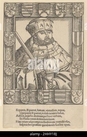 Copie de John Frederic le magnanime, en robes électorales Lucas Cranach le plus jeune et atelier allemand dans la même direction avec des armoiries ajoutées autour d'un cadre et avec une inscription ci-dessous.Copie de John Frederic le magnanime, dans les robes électorales 625913 Banque D'Images