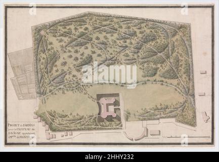 Design pour les Jardins du Château de Savigny-lès-Beaune ca.1782–90 Anonymous, Français, 18th Century French Design pour les jardins du château de Savigny en France.La conception du terrain est présentée comme un plan d'étage, avec une indication du château et de tous les autres bâtiments en contour et lavage rose.La nouvelle conception, éventuellement réalisée pour Anne Barbe Charlotte de Migieu de Savigny (1752-1797) après son mariage avec Charles Richard de Montaugé (1734-1808) en 1782, impliquait une conversion des terrains en un jardin paysager romantique avec des allées sinueuse comme il était devenu à la mode, en particulier Banque D'Images