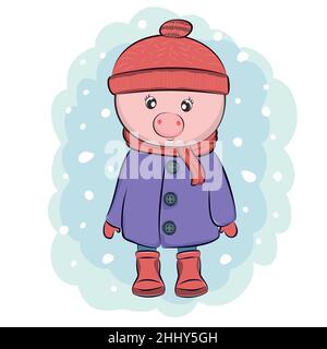 Mignon dessin animé sourire bébé de porc en hiver dans le manteau et le chapeau. Illustration de Vecteur