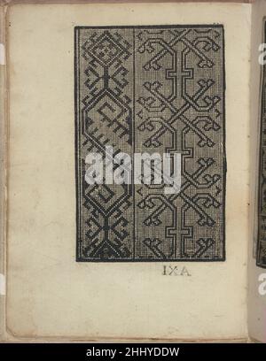 Esemplario di Lauori..., page 7 (recto) 1 août 1532 Giovanni Andrea Vavassore Italien publié à l'origine par Giovanni Andrea Vavassore, Italien, actif 16th siècle, Venise, conçu par Florio Vavassore (frère de Giovanni), Italien, actif 16th siècle.Réédité par Macmillan & Co., British, London et New York. De haut en bas, et de gauche à droite : le dessin montre une illustration d'un vase contenant 3 iris et 2 tulipes sur une table.Esemplario di Lauori..., page 7 (recto) 358317 Banque D'Images