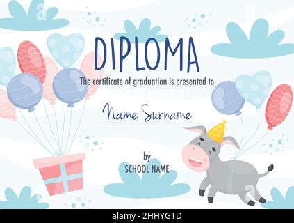 Modèle de concept de certificat de diplôme, avec joli personnage de dessin animé âne avec ballons. Illustration de Vecteur
