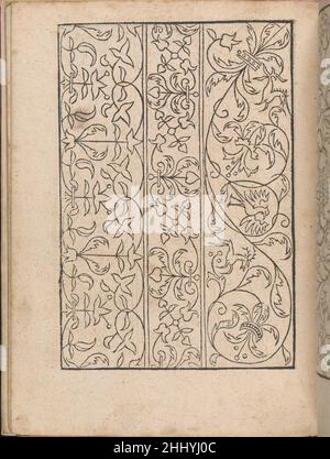 New Modelbüch Allen Nägerin U.Sydenstickern (page 16v) 1556 Hans Hoffman German conçu par Hans Hoffman (Allemand, actif Strasbourg 1556) et publié par Jacob Frӧlich, Strasbourg.page de titre illustrée avec monogramme de Hoffman, scène narrative sur le verso de la page de titre, dédicace (2 pages), 49 pages de dessins, page avec les informations de l'éditeur, et scène narrative sur la dernière page.New Modelbüch Allen Nägerin U.Sydenstickern (page 16v) 683048 Banque D'Images