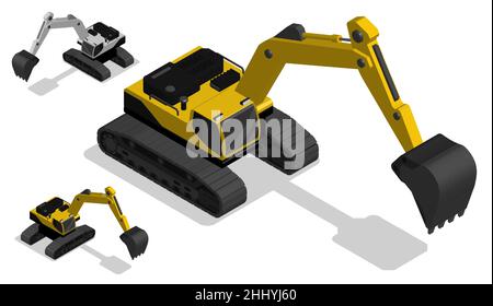 Pelle mécanique lourde isométrique pour la construction et le terrassement.Machines et équipements industriels.Réaliste 3D Vector isolé sur fond blanc Illustration de Vecteur