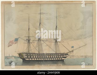 U. S. Ship North Carolina, 102 Guns 1843 Lithographiée et publiée par Nathaniel Currier American Un imprimé marin.Un navire à trois mâts est face à lui avec un drapeau américain qui survole la poupe.La ville de New York est visible derrière le bateau ; Castle Garden à gauche.U. S. Ship North Carolina, 102 canons 380862 lithographe: Lithographiée et publiée par Nathaniel Currier, American, Roxbury, Massachusetts 1813?1888 New York, artiste: Napoleon Sarony, American (né Canada), Québec 1821?1896 New York, U. S. Ship North Carolina, 102 canons, 1843, lithographie couleur main, image: 9 1/8 x 13 1/8 po.(2 Banque D'Images