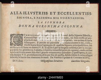 Pertiosa Gemma delle virtuose donne, page 2 (recto) 1600 Isabella Catanea Parasole Italien écrit par Isabella Catanea Parasole, Italien, ca.1575 environ1625, publié par Lucchino Gargano, Venise, relié par Hardy-Mennil.Dedicace page imprimé en noir avec la coupe de bois illustrée initiale 'C'.Pertiosa Gemma delle virtuose donne, page 2 (recto) 661164 Banque D'Images