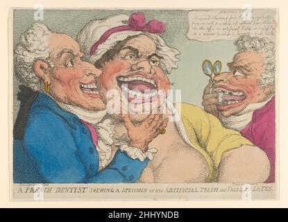 Un dentiste français sharing un spécimen de ses dents artificielles et Faux palate 1811 Thomas Rowlandson British Un dentiste qui gestait à la bouche ouverte d'une grande femme portant des dents artificielles.Elle est examinée par un homme tenant une paire de lunettes. d.Un dentiste français rases un spécimen de ses dents artificielles et ses faux palates 687391 Banque D'Images