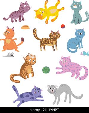 chats drôles, motif pour enfants pour la décoration et le design, emballage et affiches, chat dans diverses postures et situations, dessin, vecteur, images, dessin animé Illustration de Vecteur