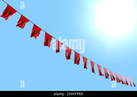 Joli drapeau de fête 3D illustration - beaucoup de drapeaux ou bannières marocains suspendus diagonal sur corde sur fond bleu ciel avec bokeh Banque D'Images