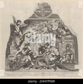 Planche 6: Allégorie avec Hercules chassant les Harpies comme justice et l'aide à l'abondance les pauvres, de Barberinae aulae fornix ca.1677 Anonyme, Italien, 17th siècle Italien cet imprimé est issu d'une série d'assiettes cousues ensemble représentant les fresques de plafond de Pietro da Cortona 'Allegory of Divine Providence and Barberini Power' pour le salone de Palazzo Barberini, Rome peint 1630-33.Les estampes sont dédiées à Gaspar de Guzman, comte d'Olivares et duc de Sanlucar (1587-1645).La frontispice porte le nom de Giovanni Giacomo de Rossi qui a publié la série.Planche 6: Allégorie Banque D'Images