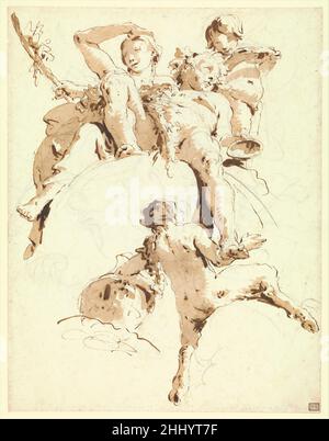 Bacchus et Ariadne ca.1740 Giovanni Battista Tiepolo Italien Giambattista Tiepolo était sans doute le plus grand peintre de l'Europe du XVIIIe siècle, célébré pour ses grands cycles décoratifs dans les églises vénitiennes, ainsi que dans les villas et les palais de l'Italie, de l'Allemagne et de l'Espagne.Tiepolo a également été apprécié comme dessinateur, ses pouvoirs d'invention brillant et prolifique.'Bacchus and Ariadne' est l'un des dessins de stylo et de lavage les plus célèbres de Giambattista.Il représente Bacchus avec Ariadne et deux membres de sa rétine, un putto et un satyr.Comme le rapporte la mythologie d'Ovid, Theseus abandonne Ariadne sur l'islan Banque D'Images