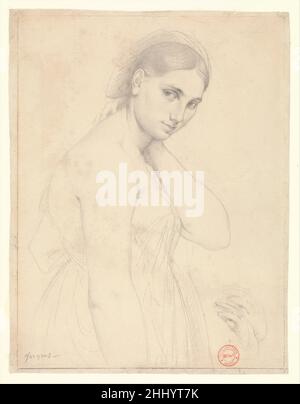 Etude pour 'Raphaël et la Fornarina'(?)env.1814(?)Jean Auguste Dominique Ingres Français ce dessin envoûtant concerne 'Raphaël et la Fornarina', un sujet Ingres peint à plusieurs reprises.Dans le tableau, Raphaël apparaît dans le studio avec son mannequin légendaire « la Fornarina » (la fille du boulanger) assis sur ses genoux.Ingres, qui admirait grandement Raphaël, semble avoir eu à l’esprit l’intérêt de l’amour de Raphaël au moment même de sa propre cour et de son mariage avec Madeleine Chapelle.Madeleine a été identifiée comme le modèle de cette étude tirée de la vie.Etude pour 'Raphaël et le Banque D'Images