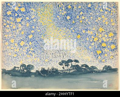 Paysage avec étoiles ca.1905–1908 Croix d'Henri-Edmond (Henri-Edmond Delacroix) Français cette représentation poétique d'un ciel étoilé combine les longues brossaçures brisées des œuvres tardives de Cross avec un paysage trouble de plume et d'encre, qui rappelle ses formes impressionnistes de peinture japonaise.Paysage avec étoiles 459189 Banque D'Images