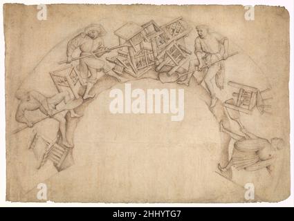 Hommes Chaires de pelletage (Scupstoel) 1444–50 cercle de Rogier van der Weyden, peut-être Vranke van der Stockt Netherlandish ce dessin remarquable – parmi les quelques dessins existants du XVe siècle pour la sculpture représentative – est une étude pour l'une des trois capitales narratives sculptées pour la mairie de Bruxelles entre 1444 et 1450.Le sujet est un pun sur le mot scupstoel (littéralement “chaise de pelle”), une contre-disposition utilisée pour l'humiliation publique dans laquelle les ftons ont été élevés au-dessus de l'eau et ensuite tombés dans.Scupstoel était aussi le nom d'une maison qui se trouvait auparavant sur le site de la nouvelle aile du t Banque D'Images