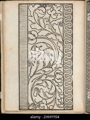 Ein New Modelbuch..., page 13 (verso) 22 octobre 1524 Johann Schönsperger le jeune allemand publié par Johann Schӧnsperger le plus jeune, Zwickau.de haut en bas, et de gauche à droite:Design composé de 3 colonnes verticales.La colonne de gauche est décorée d'un motif de hachures horizontales.La colonne centrale est décorée de feuilles d'acanthus courbes.La colonne de droite est décorée d'une courbe blanche.Ein nouveau Modelbuch..., page 13 (verso) 665919 Banque D'Images