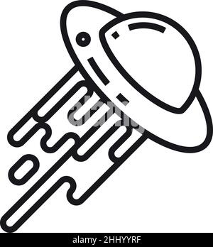 Icône OVNI.Vaisseau extraterrestre avec rayon d'enlèvement de style linéaire Illustration de Vecteur