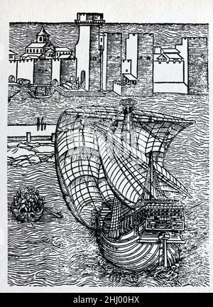 Navire à voile à trois ou quatre mâts Ocan connu sous le nom de carrack, développé au cours des années c14th et c-15.Imprimé, gravure ou illustration 1486. Banque D'Images