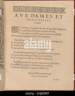 Page 3 (recto) 1588 Federico de Vinciolo Italian Designed by Federic de Vinciolo, publié par Jean le Clerc, Paris, relié par Chambolle-Duru, français, 19th Century.Sonnet imprimé en noir avec une première de coupe de bois illustrée “L”.Au-dessus du texte se trouve une frise ornée d'un motif de feuillage.Les singuliers et nouveaux Portraitts... page 3 (recto) 358422 Banque D'Images