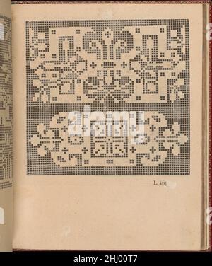 Les singuliers et nouveaux Portraicts... page 43 (recto) 1588 Federico de Vinciolo Italian Designed by Federic de Vinciolo, édité par Jean le Clerc, Paris, relié par Chambolle-Duru, français, 19th Century.de haut en bas, et de gauche à droite:le design est imprimé sur une grille et décoré de 2 motifs floraux horizontaux.Les singuliers et nouveaux Portraitts... page 43 (recto) 358422 Banque D'Images