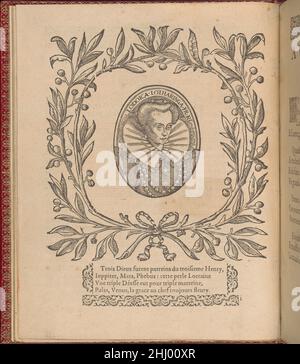 Page 2 (verso) 1588 Federico de Vinciolo Italian Designed by Federic de Vinciolo, publié par Jean le Clerc, Paris, relié par Chambolle-Duru, français, 19th Century.au centre de la page se trouve un médaillon de portrait de Louise de Lorraine,qui est encerclé par 2 branches d'olive qui sont attachées ensemble au fond avec une corde rayée qui forme un arc.Au-dessous de cet élément central se trouve une section de texte, entourée sur les côtés gauche et droit et en bas par une bordure décorative avec un motif de feuillage.Les singuliers et nouveaux Portraitts... page 2 (vers Banque D'Images