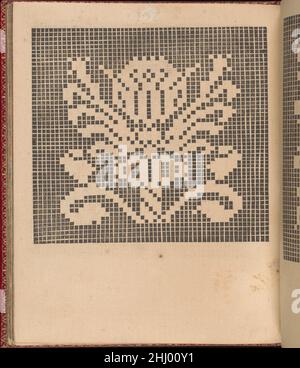 Les singuliers et nouveaux Portraicts... page 50 (verso) 1588 Federico de Vinciolo Italian Designed by Federic de Vinciolo, Published by Jean le Clerc, Paris, Bound by Chambolle-Duru, French, 19th Century.from top to bottom,Et de gauche à droite : le design est imprimé sur une grille et est décoré au centre avec une fleur blanche qui a des tiges courbes.Les singuliers et nouveaux Portraicts... page 50 (verso) 358422 Banque D'Images