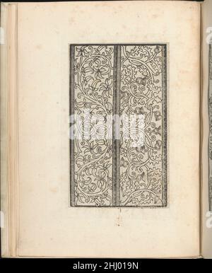 Esemplario di lavori, page 3 (verso) août 1529 Nicolò Zoppino Italien publié par Nicolo Zoppino, Italien, actif 16th siècle, Venise.de haut en bas, et de gauche à droite:Design composé de 2 bandes verticales: Vignes avec feuilles de 3 et 5 pétapées, et vignes avec pissenlits et feuilles.Esemplario di lavori, page 3 (verso) 658723 Banque D'Images