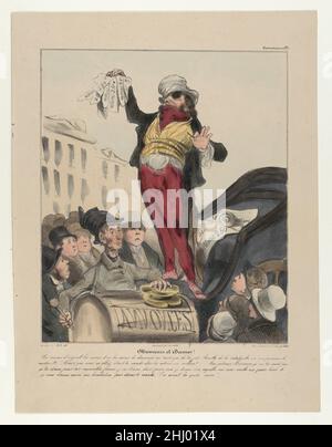 Plaque 7: Mesdames et Messieurs!, de 'Caricaturana,' publié dans les Robert Macaires 1838 Honoré Daumier les mines d'argent, les mines d'or, les mines de diamants ne sont que des rouleaux minces de ciment et de rame par rapport au charbon...Mais même ainsi, (vous allez dire), vous vendez vos actions pour un million?...Je ne vends pas mes actions, messieurs, je les donne pour 200 francs misérable, je donne deux pour chaque, je donne une aiguille, un éar-pick, un bodkin, et ce qui est de plus, je vous donne ma bénédiction dans la négociation.Sortez le gros tambour !Planche 7: Mesdames et Messieurs!, de 'Caricaturana,' publié Banque D'Images