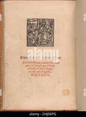 Convivio delle Belle donne, page 22 (verso) août 1532 Nicolò Zoppino Italien publié par Nicolo Zoppino, Italien, actif 16th Century, Venise, conçu par Matteo da Trévise, Italien, actif 16th Century.de haut en bas,Et de gauche à droite : périphérique de l'imprimante Woodcut avec les remarques de fermeture imprimées en noir (1st lignes) et en rouge (lignes restantes).Convivio delle Belle donne, page 22 (verso) 659809 Banque D'Images