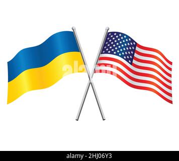 Les Etats-Unis et l'ukraine drapeaux dans la relation d'alliance ou contre le vecteur croisé isolé sur fond blanc Illustration de Vecteur