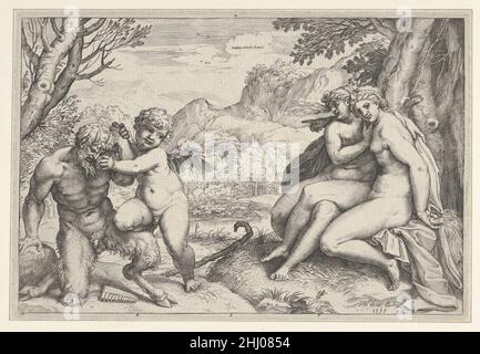 Omnia Vincit Amor 1599 Agostino Carracci Italian cette image est un pun dérivé d'une célèbre ligne dans le dixième Eclogue de Virgile, 'l'amour conquiert tous.'Le mot latin omnia, comme le mot grec PAN, signifie 'All', tandis qu'amor, le nom latin de Cupid, signifie 'Love', de sorte que le combat victorieux de Cupid avec le dieu des bois est une traduction visuelle de l'expression.La gravure a été produite autour du temps qu'Agostino a aidé son frère Annibale dans la décoration de la Galerie Farnese, un cycle de fresque qui a aussi comme thème la puissance de l'amour dans l'univers.Comme clé de ce sens, Annibale h Banque D'Images