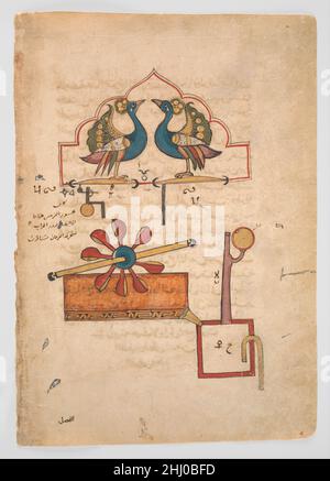 'Conception de l'horloge de l'eau des paons', du Kitab fi ma'rifat al-hiyal al-handasiyya (Livre de la connaissance des dispositifs mécaniques ingénieux) par Badi' al-Zaman b. al Razzaz al-Jazari daté de A.H. 715/A.D.1315 Badi' al-Zaman ibn al-Razzaz al-Jazari Al-Jazari, auteur de ce traité sur une variété de dispositifs mécaniques pratiques et fantaisistes, a servi au tribunal Artuqid de Diyar Bakr à la fin du XIe au début du XIIe siècle.Certains des éléments de l'horloge de paon, qui fonctionne à l'eau, sont illustrés dans cette illustration.Dans le dispositif terminé, l'arche contenant deux paons le ferait Banque D'Images