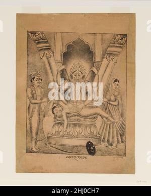 Narasimha Kills le Roi démon Hiranyakashipu 1875–80 Inde de l'est, Kolkata, Bengale-Occidental cette lithographie monochromatique a été imprimée dans l'un des premiers ateliers d'impression à Kolkata (Calcutta) pour produire des imprimés de dévotion hindous destinés à la distribution commerciale.Dans ce rendu, sans aucun doute dessiné par un peintre qualifié, nous voyons l'avatar homme-lion de Vishnu orné d'une couronne qui se révèle de l'intérieur d'un pilier qui s'est fendu.La base et la capitale de la colonne sont ornées de feuilles d'acanthus, un détail familier à l'artiste de l'architecture coloniale victorienne à Calcutta.Cette rare impression Banque D'Images