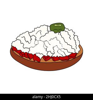 Dakos traditionnel appétit grec.En-cas crétois avec fromage et tomates.Illustration vectorielle dessinée à la main.Élément design pour le menu café, bistrot, Illustration de Vecteur