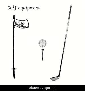 Collection d'équipements de golf. Drapeau, ballon et tee, club. Dessin d'une boisée noire et blanche à l'encre. Banque D'Images