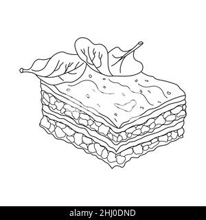 Moussaka, cuisine grecque traditionnelle.Casserole de pommes de terre et de viande avec fromage.Illustration vectorielle dessinée à la main.Élément design pour le menu café, bistrot, Illustration de Vecteur