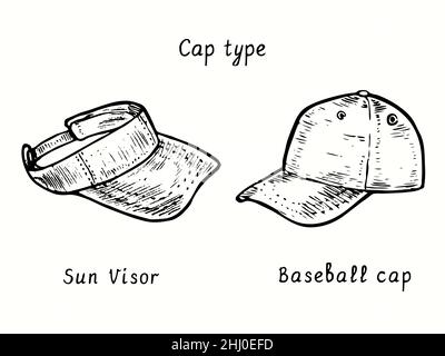 Types de bouchons. Visière et casquette de baseball. Dessin d'une boisée noire et blanche à l'encre. Banque D'Images