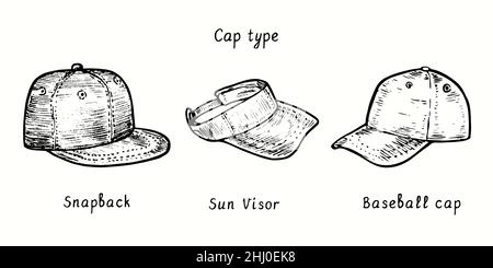 Types de bouchons. Snapback, pare-soleil et casquette de baseball. Dessin d'une boisée noire et blanche à l'encre. Banque D'Images