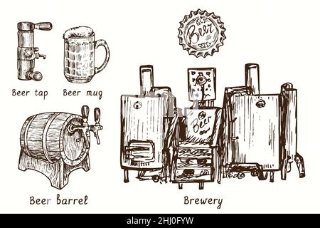 Collection de brasseries. Robinet à bière, tasse, fût, bouchon de bouteille, brasserie. Dessin d'une boisée noire et blanche à l'encre. Banque D'Images