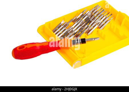 Jeu de tournevis outils instrument dans boîte jaune Banque D'Images