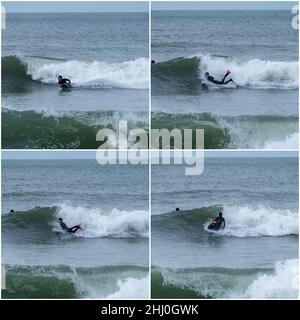 Bodyboarder effectuant un tour de tube surf océan ondulant vague de l'océan sur une journée d'hiver nuageux. Banque D'Images