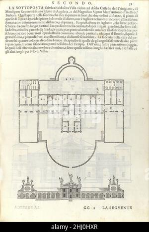 Villa Barbaro, de I quattro libri dell'Architettura di Andrea Palladio (Livre 2, page 51) 1570 Andrea Palladio l'une des œuvres architecturales de Palladio, la Villa Barbaro (1557–58) surplombe les terres agricoles près d'Asolo et de Vicenza.La villa a une composition allongée composée d'une aile centrale avec divers pavillons latéraux et cours, incorporant ainsi les caractéristiques de la ferme typique de la région de Vénétie (granges, pigeonniers).À ce titre, il démontre la polyvalence de Palladio dans le développement d'une gamme de modèles pour les villas d'inspiration classique et sa capacité à intégrer les caractéristiques de chaque client Banque D'Images