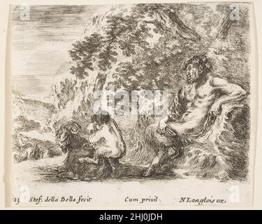 Assiette 23: Un satyr assis contre un arbre à droite et tenant une flûte dans sa main droite, un enfant jouant avec une chèvre à gauche, de 'DIVIDIAC capricci' ca.1644–47 Stefano della Bella Italien.Assiette 23: Un satyr assis contre un arbre à droite et tenant une flûte dans sa main droite, un enfant jouant avec une chèvre à gauche, de 'Diversi capricci' 376390 Banque D'Images