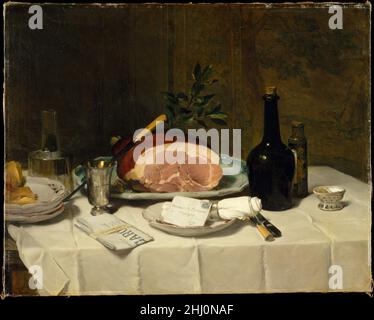 Still Life with Ham 1870s Philippe Rousseau français cette composition combine l'admiration de Rousseau pour la peinture encore du XVIIIe siècle avec un accent sur les détails contemporains et quotidiens, comme la copie du journal le Figaro à gauche et la lettre au centre,S'adresse à l'artiste à son domicile à Acquigny, dans le nord de la France.Le jambon succulent est garni d'une branche de feuilles de Laurier.Des vies encore telles que celle-ci ont apporté Rousseau grand succès dans les cercles à la mode; la photo actuelle a peut-être été exposée au salon de 1877 sous le nom du Déjeunesse (le déjeuner).Encore la vie avec Ham 437513 Banque D'Images