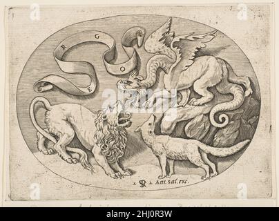 Un lion, un dragon et un renard se battant, un bandérole inscrit au-dessus, une composition ovale ca.1515–27 Marco Dente Italien.Un lion, un dragon et un renard se battant, un bandérole inscrit au-dessus, une composition ovale 342511 Banque D'Images