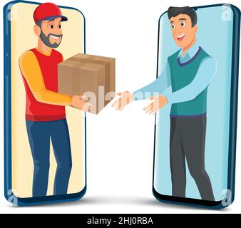 Livreur de livraison tenant la boîte colis dans le téléphone mobile.Service de livraison en ligne rapide.Commande en ligne.Internet e-commerce. Concept de site Web ou Illustration de Vecteur