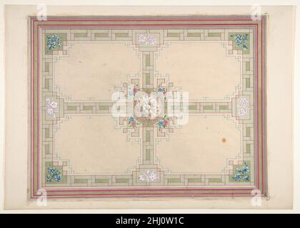 Design pour un plafond avec des touches florales et une bordure à clé grecque deuxième moitié du siècle 19th Jules-Edmond-Charles Lachaise French.Design pour un plafond avec des touches florales et une bordure à touches grecques.Jules-Edmond-Charles Lachaise (français, mort en 1897). Deuxième moitié du siècle 19th.Graphite, gouache, aquarelle.Mises en plan Banque D'Images