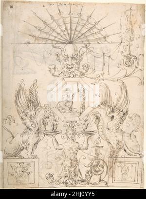 Design grotesque avec un panneau octogonal au centre et deux Griffins buvant à partir de plaques maintenues par une créature hybride (recto); deux tortues au-dessus d'une scène avec quatre figures (verso) ca.1545–60 attribué à Andrés de Melgar Espagnol.Design grotesque avec un panneau octogonal au centre et deux griffins buvant à partir de plaques maintenues par une créature hybride (recto); deux tortues au-dessus d'une scène avec quatre figures (verso) 337501 Banque D'Images