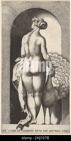 Planche 4: Juno debout dans une niche, vue de derrière, portant un paon à sa droite, d'une série de dieux et déesses mythologiques 1526 Giovanni Jacopo Caraglio Italien.Planche 4: Juno debout dans une niche, vue de derrière, portant un paon à sa droite, d'une série de dieux et déesses mythologiques 368124 Banque D'Images