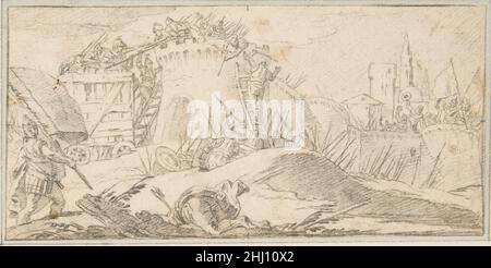 Illustration d'un livre : attaques contre les murs d'une ville 1696–1770 Giovanni Battista Tiepolo Italien.Illustration d'un livre : attaques contre les murs d'une ville.Voir Metropolitan Museum of Art, n° 59.600.176 - 59.600.212.Giovanni Battista Tiepolo (italien, Venise 1696–1770 Madrid).1696–1770.Craie noire.Lignes de centrage horizontales et verticales réglées dans une craie noire pâle.Mises en plan Banque D'Images