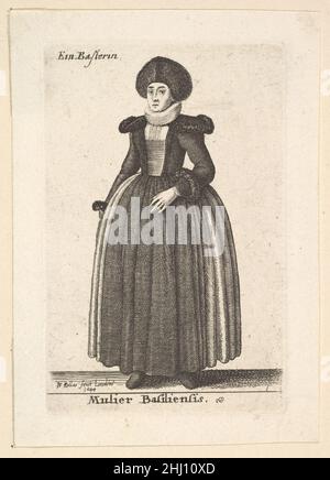 Mulier Basiliensis (Femme de Bâle); 1644 (réimprimé en 1816) Venceslaus Hollar Bohemian Une femme de Bâle debout sur toute la longueur légèrement à gauche, regardant vers le spectateur, sa main gauche sur son ventre; portant une casquette de fourrure, des épaulettes, un corsage lacé et un tablier sur la jupe.Mulier Basiliensis (femme de Bâle); 361506 Banque D'Images