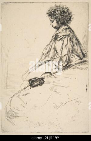 Bibi Lalouette 1859 James McNeill Whistler American ce petit garçon aux cheveux bouclés, assis au bord d'un lit, vient d'une série de portraits réalisés par Whistler en 1858-59.Connu sous le nom d'animal de compagnie de Bibi, l'enfant était le fils de J. M. Lalouette qui gérait un petit hôtel et restaurant au 5 rue de l'Odéon à Paris.Whistler y a souvent mangé et a laissé un grand projet de loi non payé lorsqu'il a déménagé à Londres.En août 1860, il envoya un paiement partiel, suscitant une réponse soulagée de Monsieur Lalouette qui mentionne Bibi souvent parlé de l'artiste, et notant la fierté de la famille dans leur propre impression du présent WO Banque D'Images